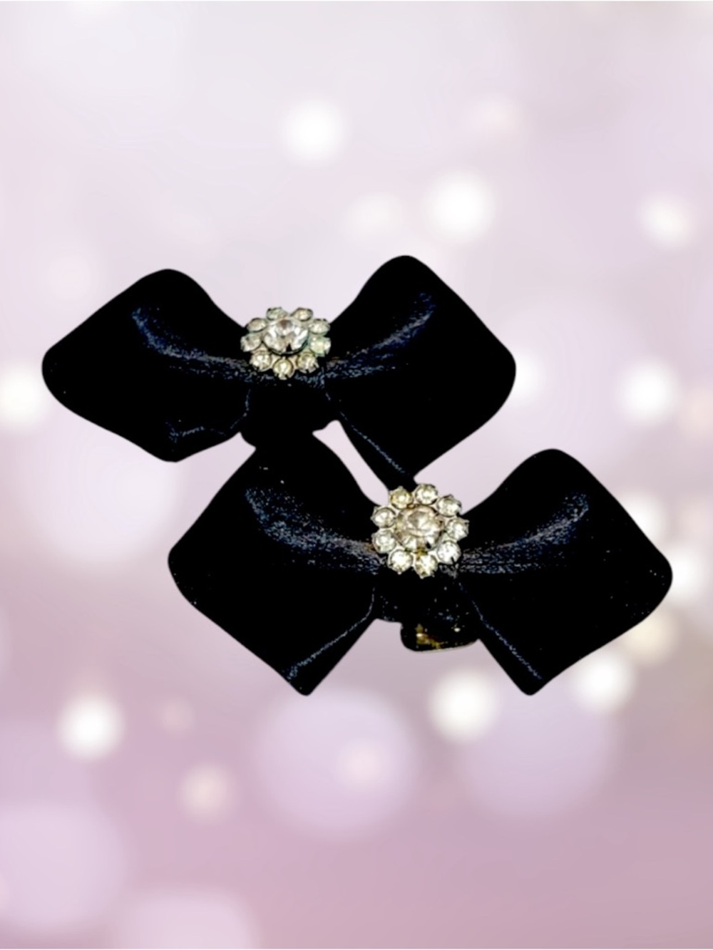 Vintage Pair of Black Satin and Rhinestone Shoe Clips Dressy Evening Estate